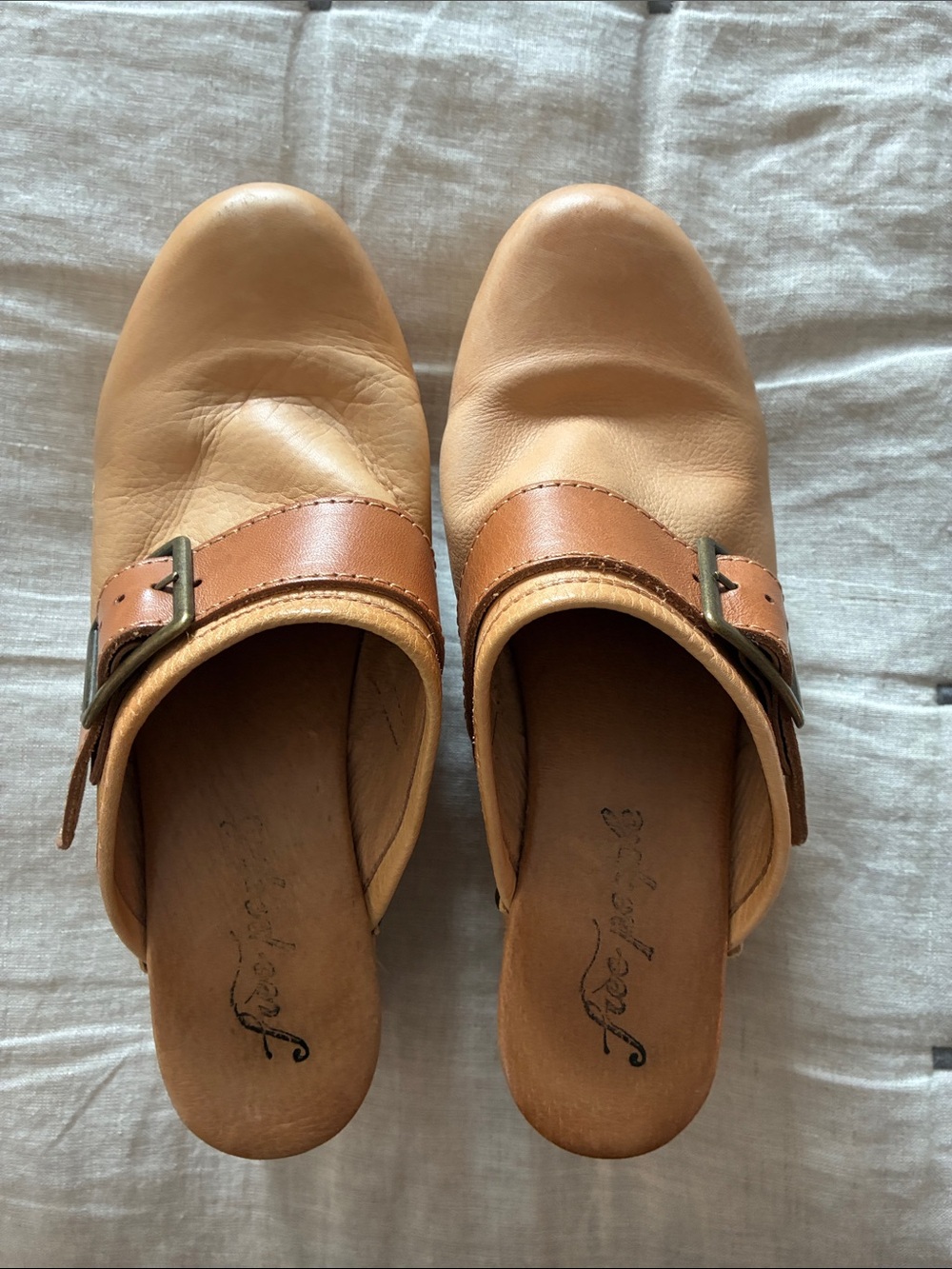 Free People Two-Tone Leather Buckle Mules in Tan and Brown